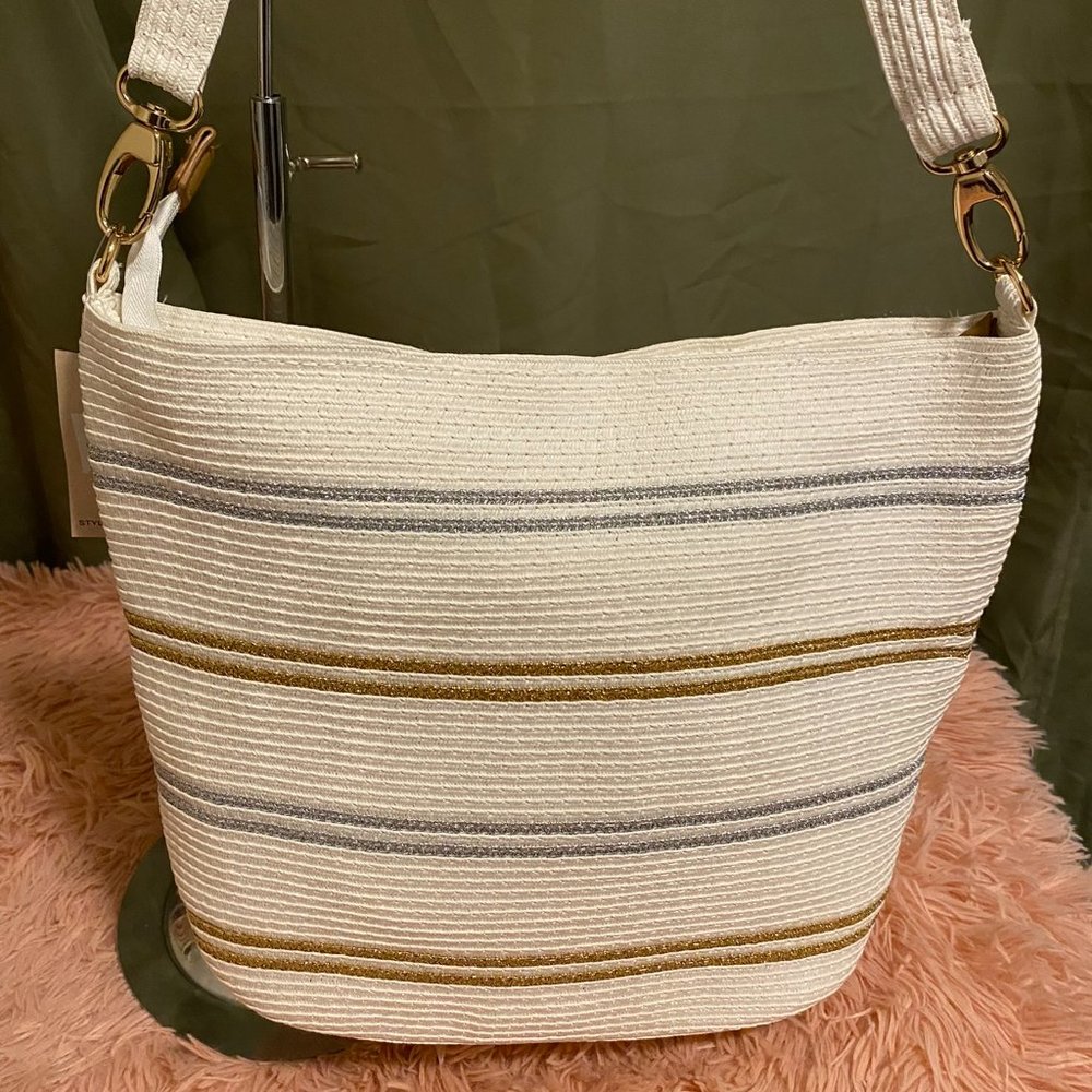 Magid Paper Straw Small Striped Beach Tote - White/Gold/Blue